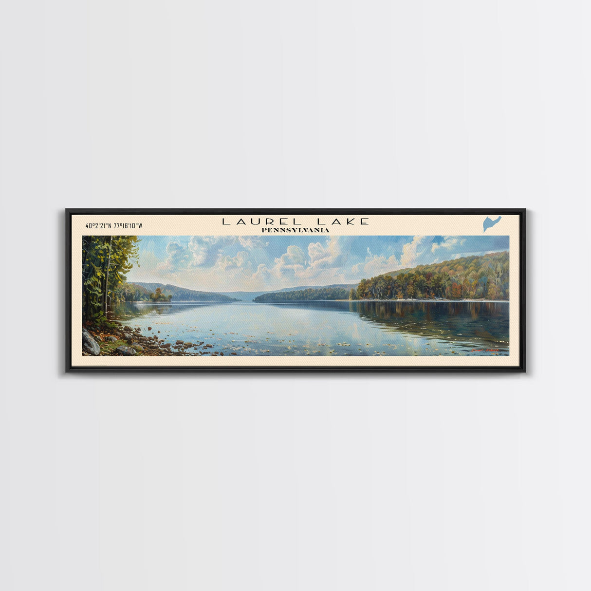 Laurel Lake Pennsylvania Framed Canvas Print, Lake House Decor, Panoramic Wall Art, Travel Poster, Landscape Painting, Bedroom Decor