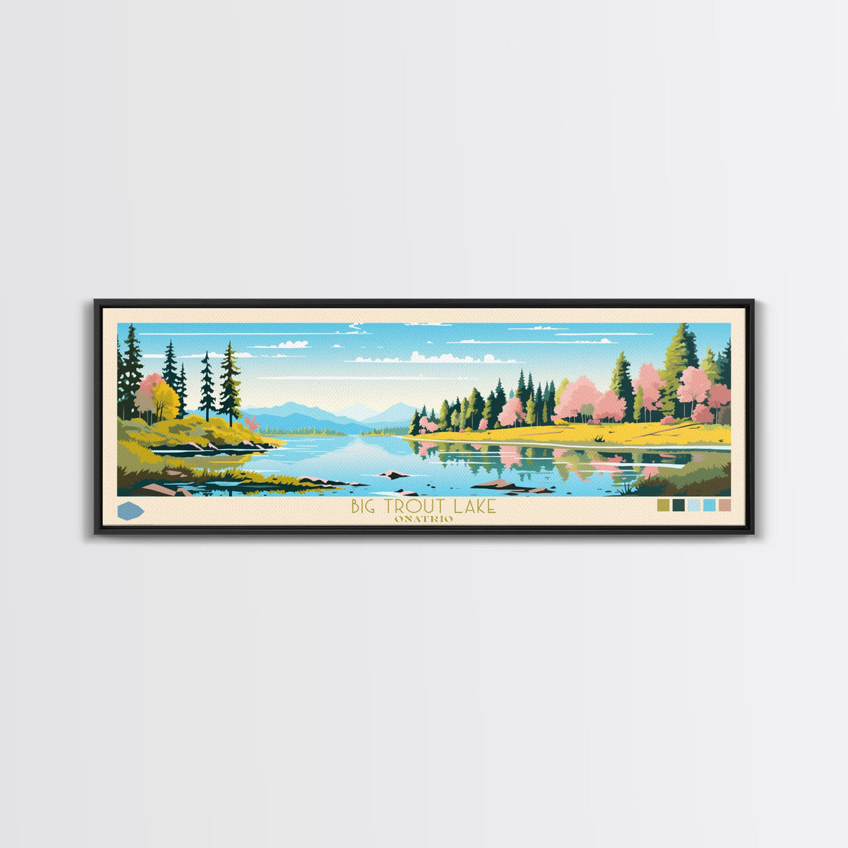Big Trout Lake Ontario Framed Canvas Print, Panoramic Travel Poster, Midcentury Modern Wall Art, Pop Art, Nature Living Room Art, Lake House Decor