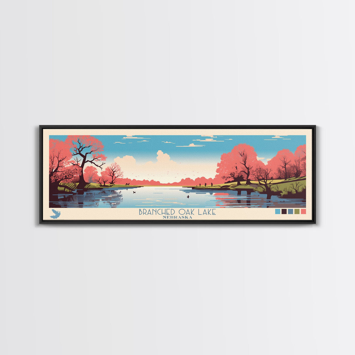 Branched Oak Lake Nebraska Framed Canvas Print, Pop Art Panoramic Travel Poster, Bedroom Decor, Midcentury Modern, Wall Art, Scenic Lake House