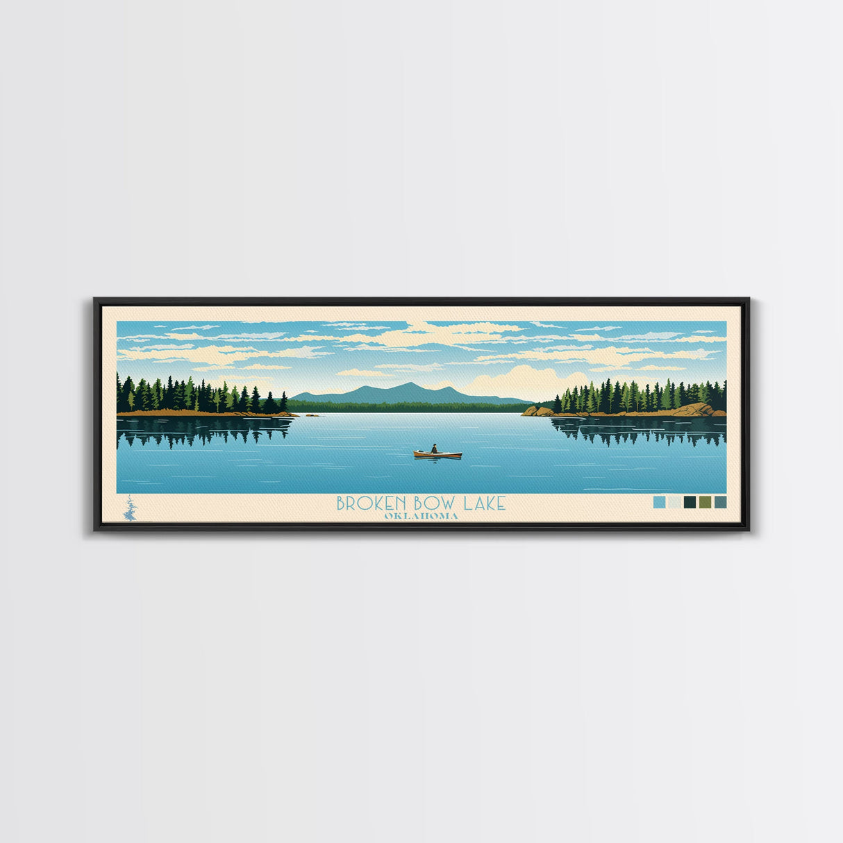 Broken Bow Lake Oklahoma Framed Canvas Print, Pop Art Panoramic Travel Poster, Midcentury Modern, Wall Art, Scenic Nature Painting, Bedroom Decor