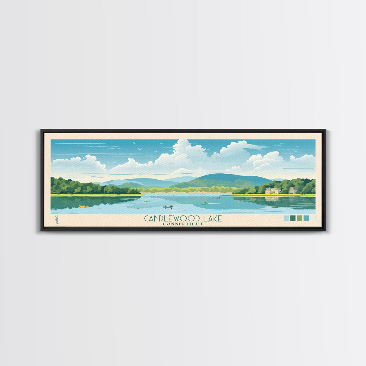 Candlewood Lake Connecticut Framed Canvas Print, Pop Art Panoramic Travel Poster, Midcentury Modern, Wall Art, Scenic Nature Painting, Bedroom Decor