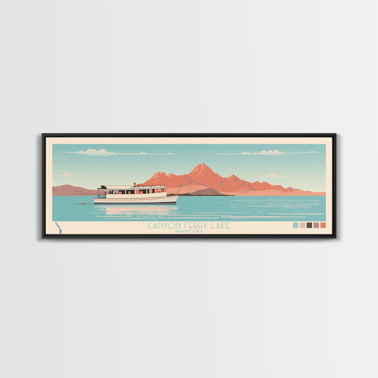 Canyon Ferry Lake Montana Framed Canvas Print, Pop Art Panoramic Travel Poster, Bedroom Decor, Midcentury Modern, Wall Art, Scenic Lake House, Nature Art