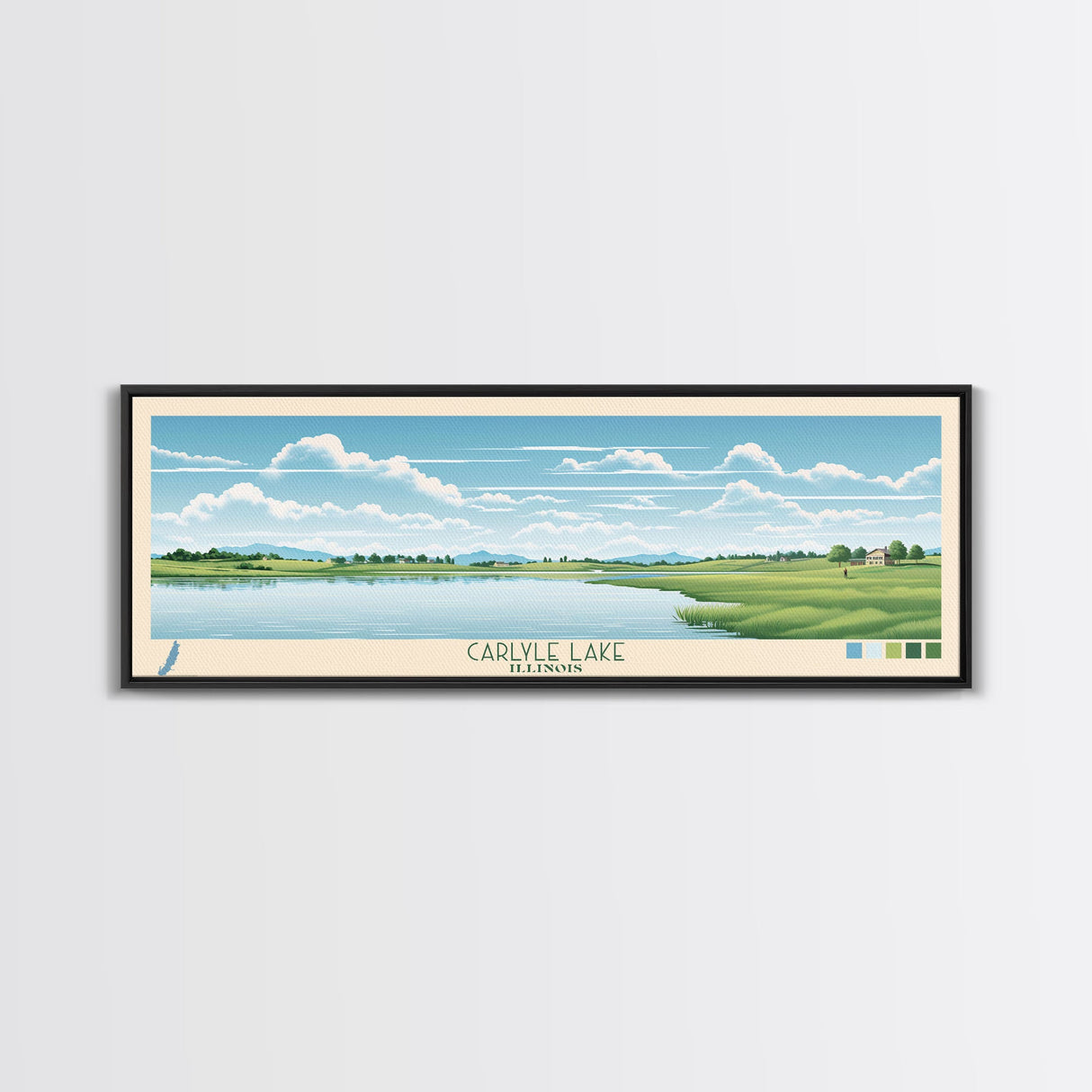 Carter Lake Nebraska Framed Canvas Print, Midcentury Modern Panoramic Wall Art, Living Room Decor, Pop Art, Travel Poster Art, Scenic Nature Painting, Lake House Decor