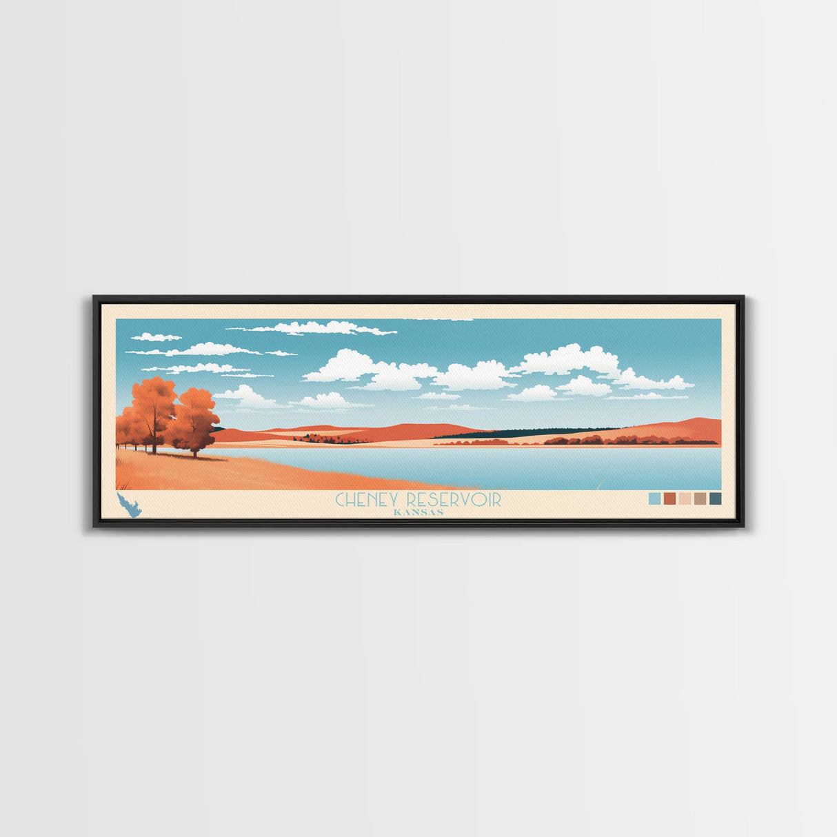 Cheney Reservoir Kansas Framed Canvas Print, Midcentury Modern Panoramic Wall Art, Living Room Decor, Pop Art, Travel Poster Art, Scenic Nature Painting, Lake House Decor