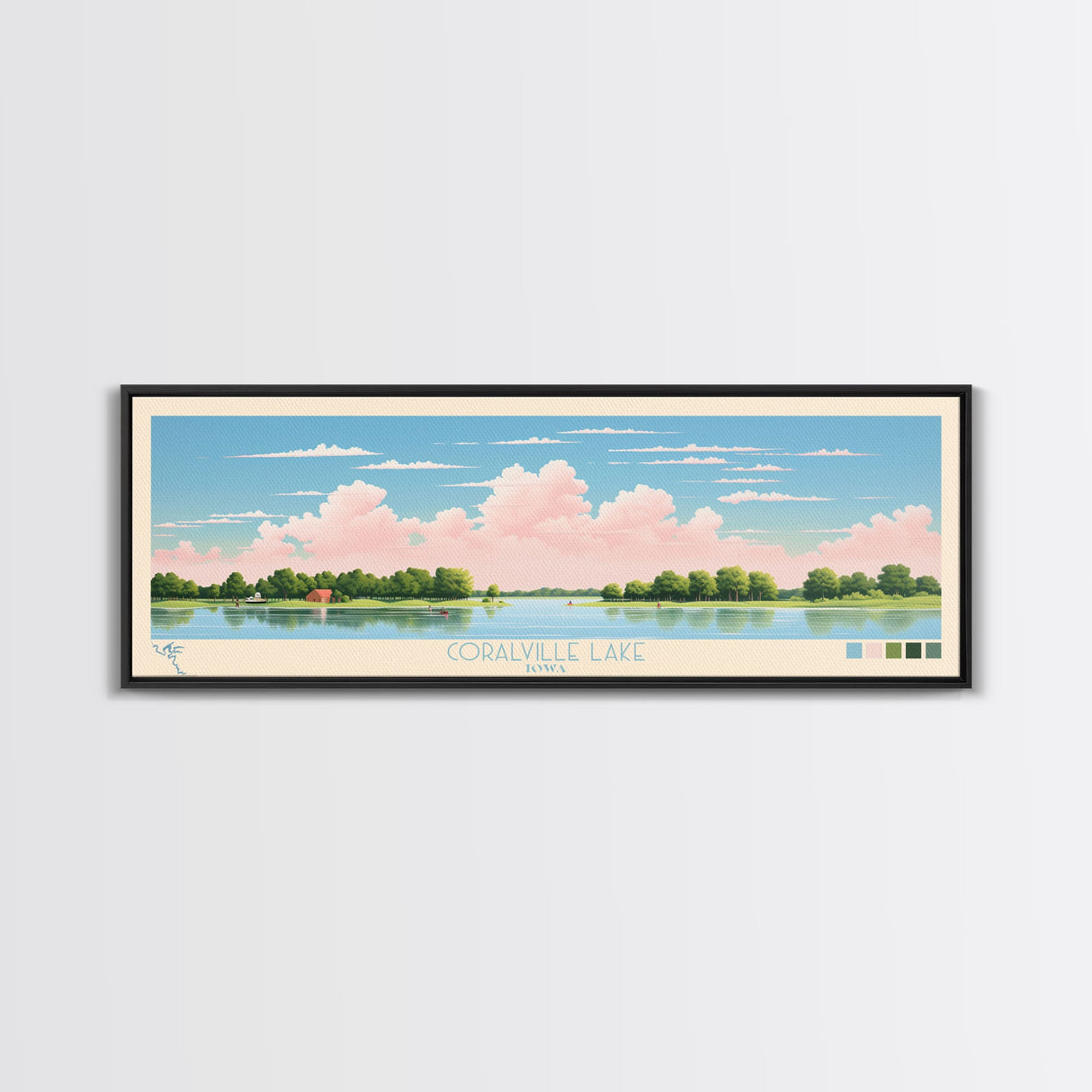Coralville Lake Iowa Framed Canvas Print, Midcentury Modern Panoramic Wall Art, Living Room Decor, Pop Art, Travel Poster Art, Scenic Nature Painting, Lake House Decor
