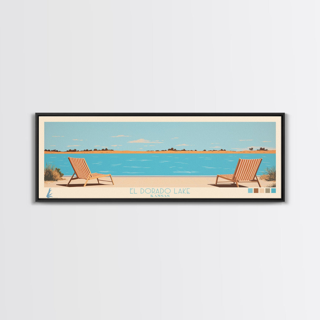 El Dorado Lake Kansas Framed Canvas Print, Panoramic Wall Art, Midcentury Modern, Pop Art, Living Room Art, Travel Poster, Vintage Lake Art