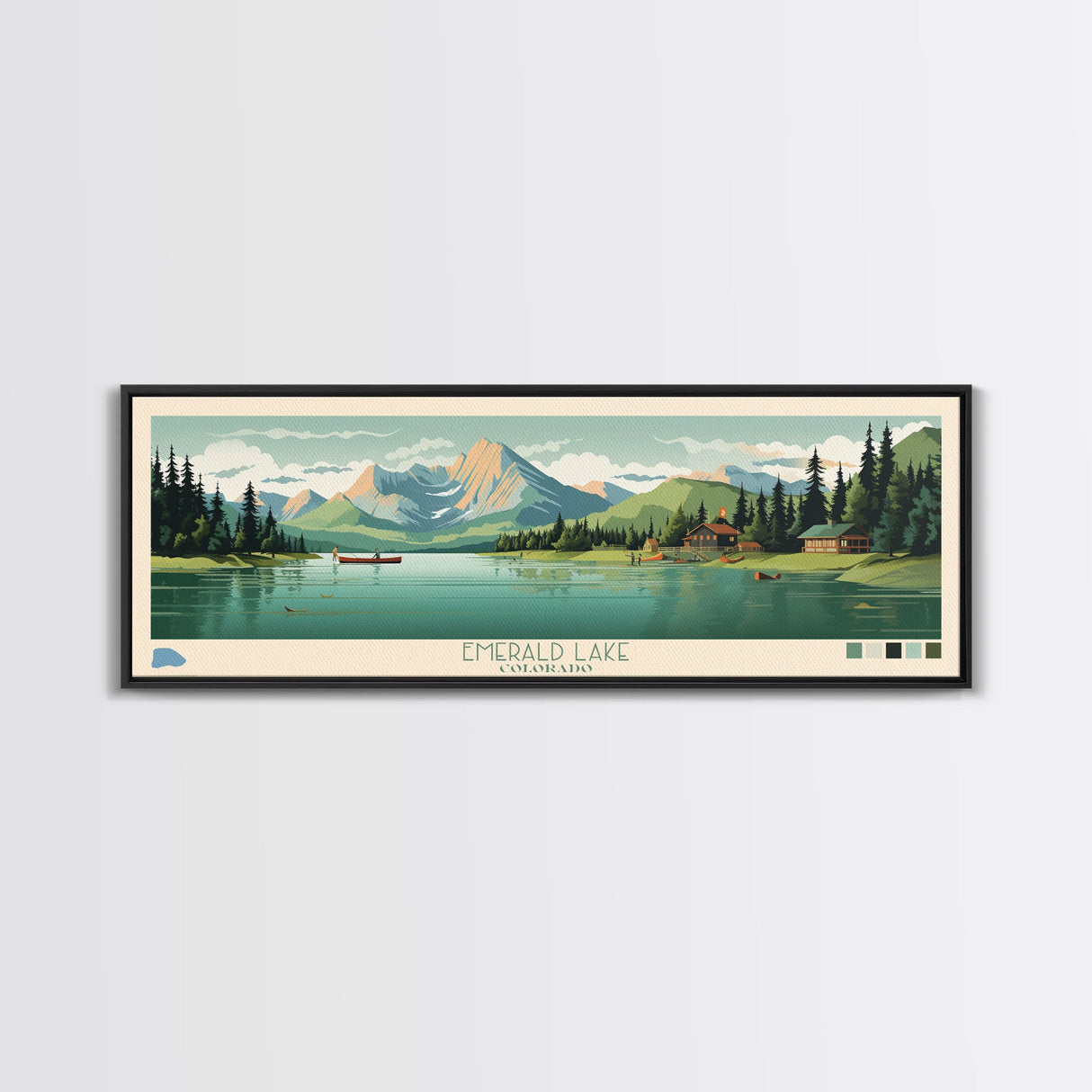 Emerald Lake Colorado Framed Canvas Print, Panoramic Art, Midcentury Modern, Pop Art, Living Room Wall Art, Travel Poster, Lake Art