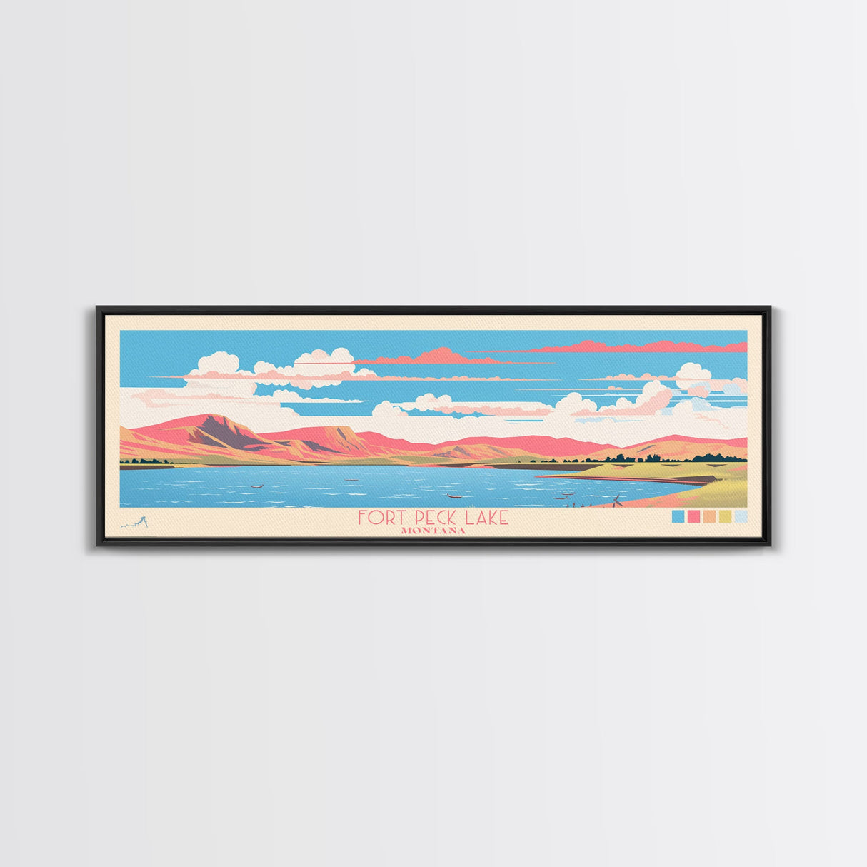 Fort Peck Lake Montana Framed Canvas Print, Panoramic Wall Art, Midcentury Modern, Pop Art, Bedroom Decor, Travel Poster, Nature Art, Artistic Decor