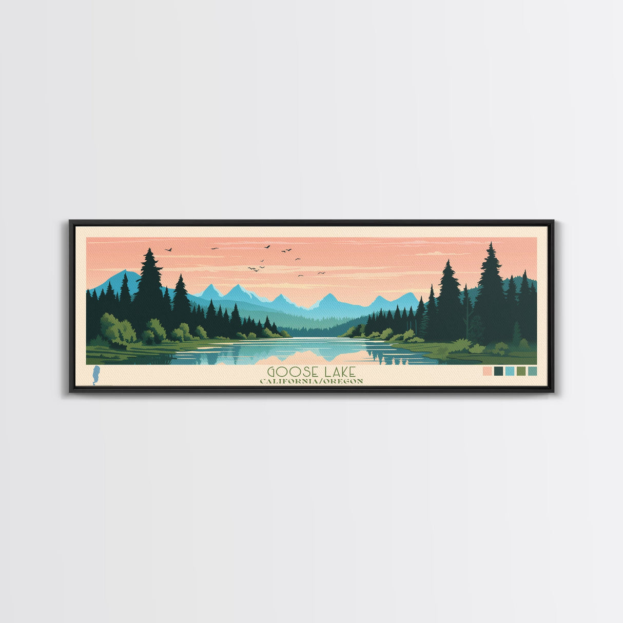 Goose Lake California Oregon Framed Canvas Print, Panoramic Wall Art, Midcentury Modern, Pop Art, Living Room Decor, Travel Poster, Lake View, Nature Art