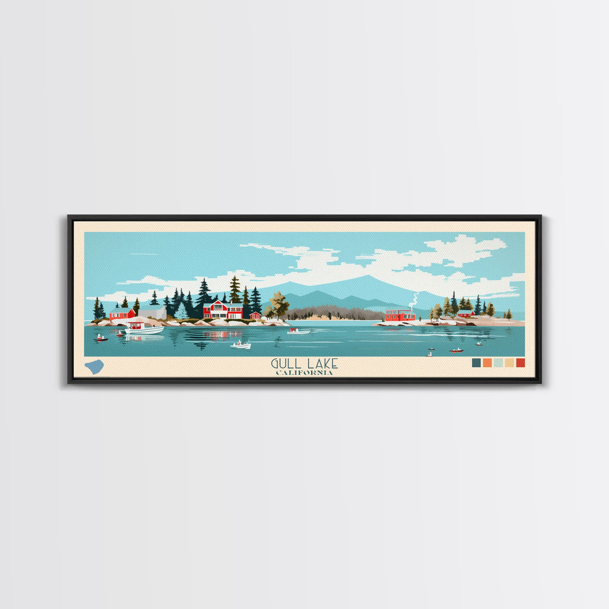 Gull Lake California Framed Canvas Print, Panoramic Art, Midcentury Modern, Pop Art, Bedroom Decor, Travel Poster, Lake View, Artistic Decor