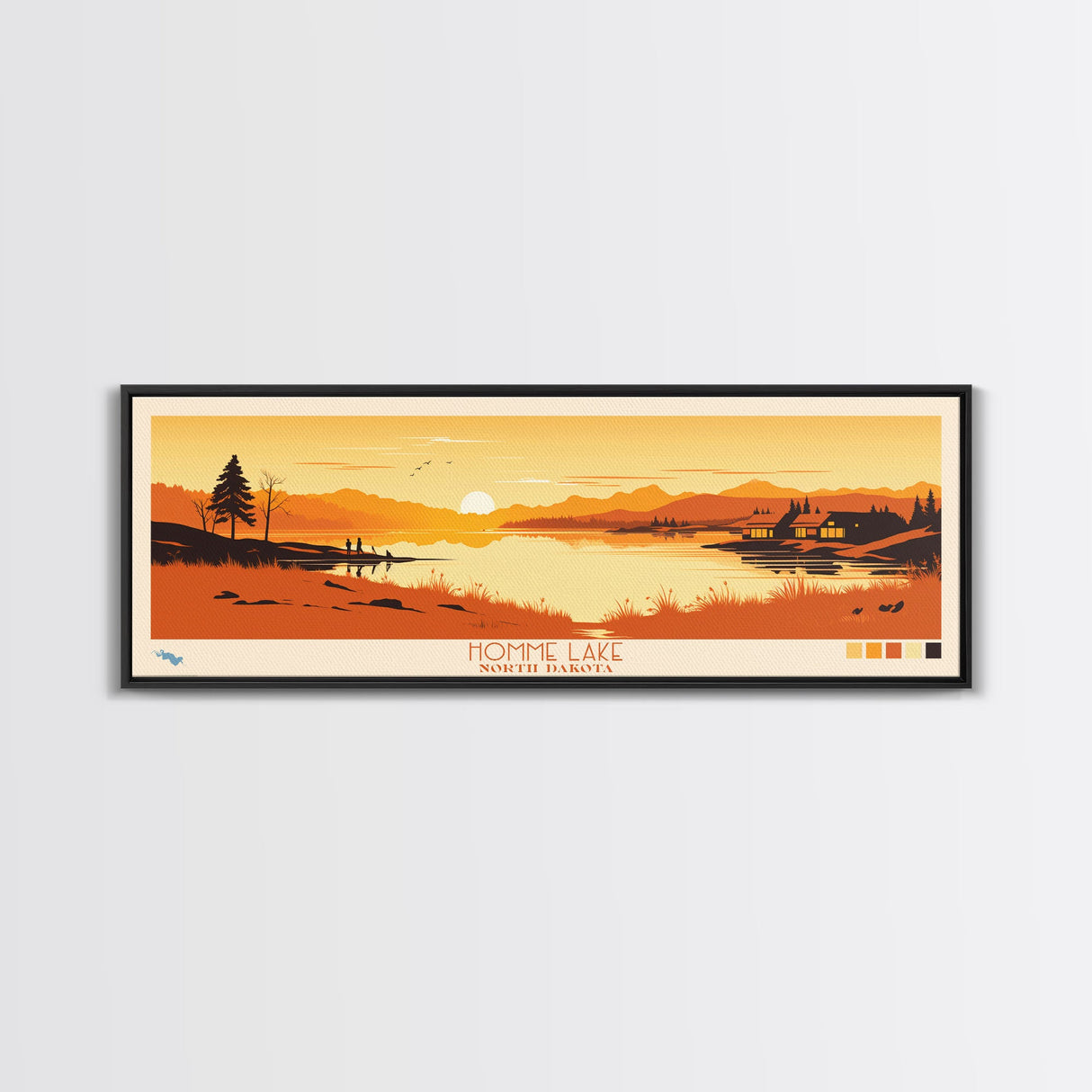 Homme Lake North Dakota Framed Canvas Print, Panoramic Wall Art, Midcentury Modern, Pop Art, Bedroom Decor, Travel Poster, Artistic Home Decor