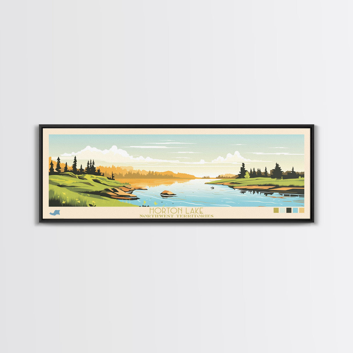 Horton Lake Northwest Territories Framed Canvas Print, Panoramic Art, Midcentury Modern, Pop Art, Living Room Decor, Travel Poster, Lake House Decor