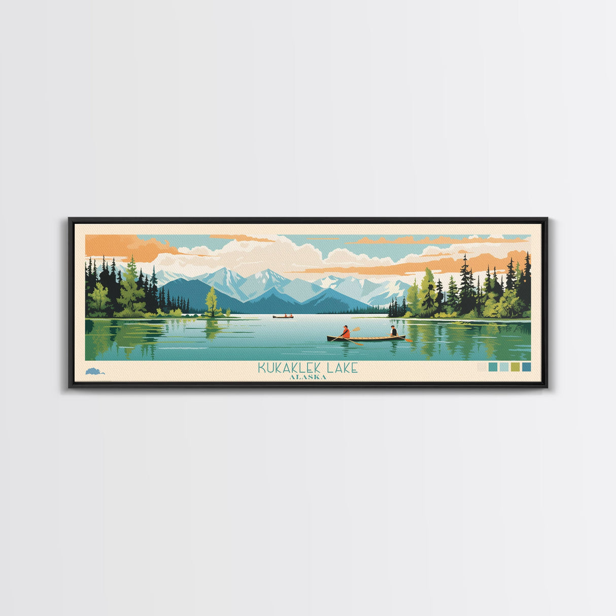 Kukaklek Lake Alaska Framed Canvas Print, Panoramic Wall Art, Midcentury Modern, Pop Art, Living Room Decor, Travel Poster, Bedroom Art