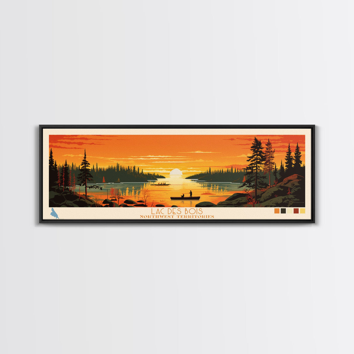 Lac Des Bois Northwest Territories Framed Canvas Print, Panoramic Art, Midcentury Modern, Pop Art, Living Room Wall Art, Travel Poster, Lake House Decor