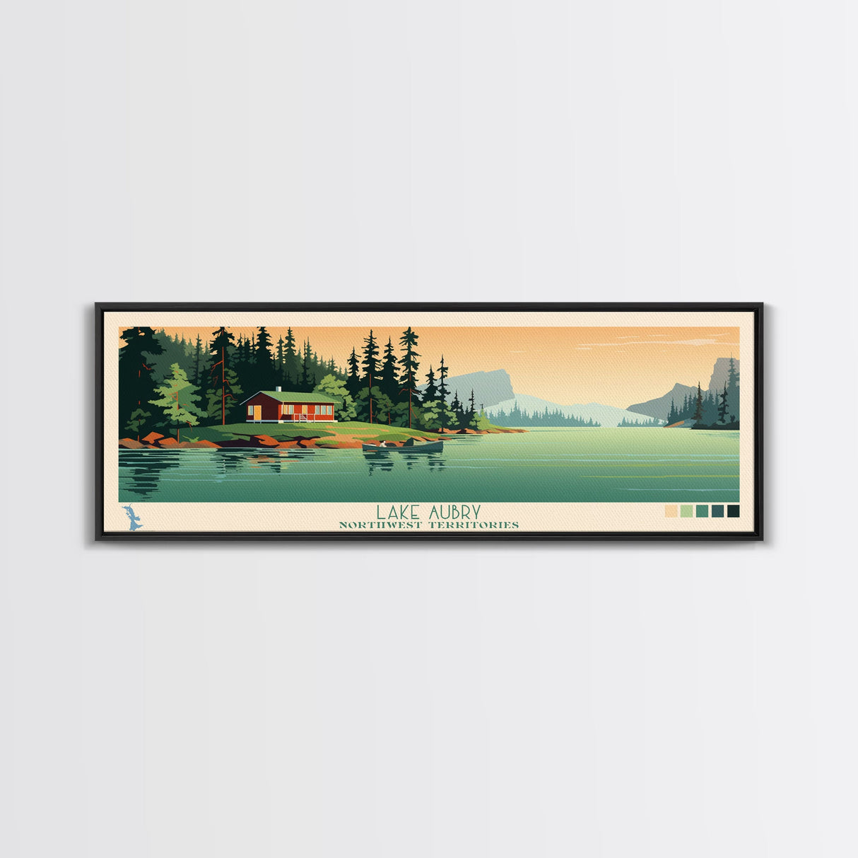 Lake Aubry Northwest Territories Framed Canvas Print, Panoramic Art, Midcentury Modern, Pop Art, Living Room Wall Art, Travel Poster, Lake House Decor