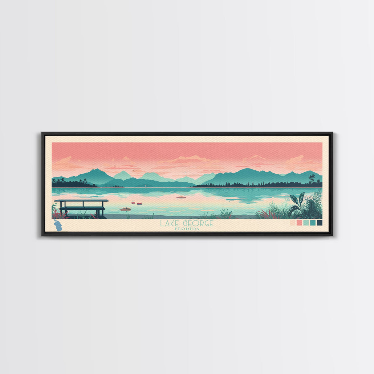 Lake George Florida Framed Canvas Print, Panoramic Wall Art, Midcentury Modern, Pop Art, Bedroom Decor, Travel Poster, Living Room Art