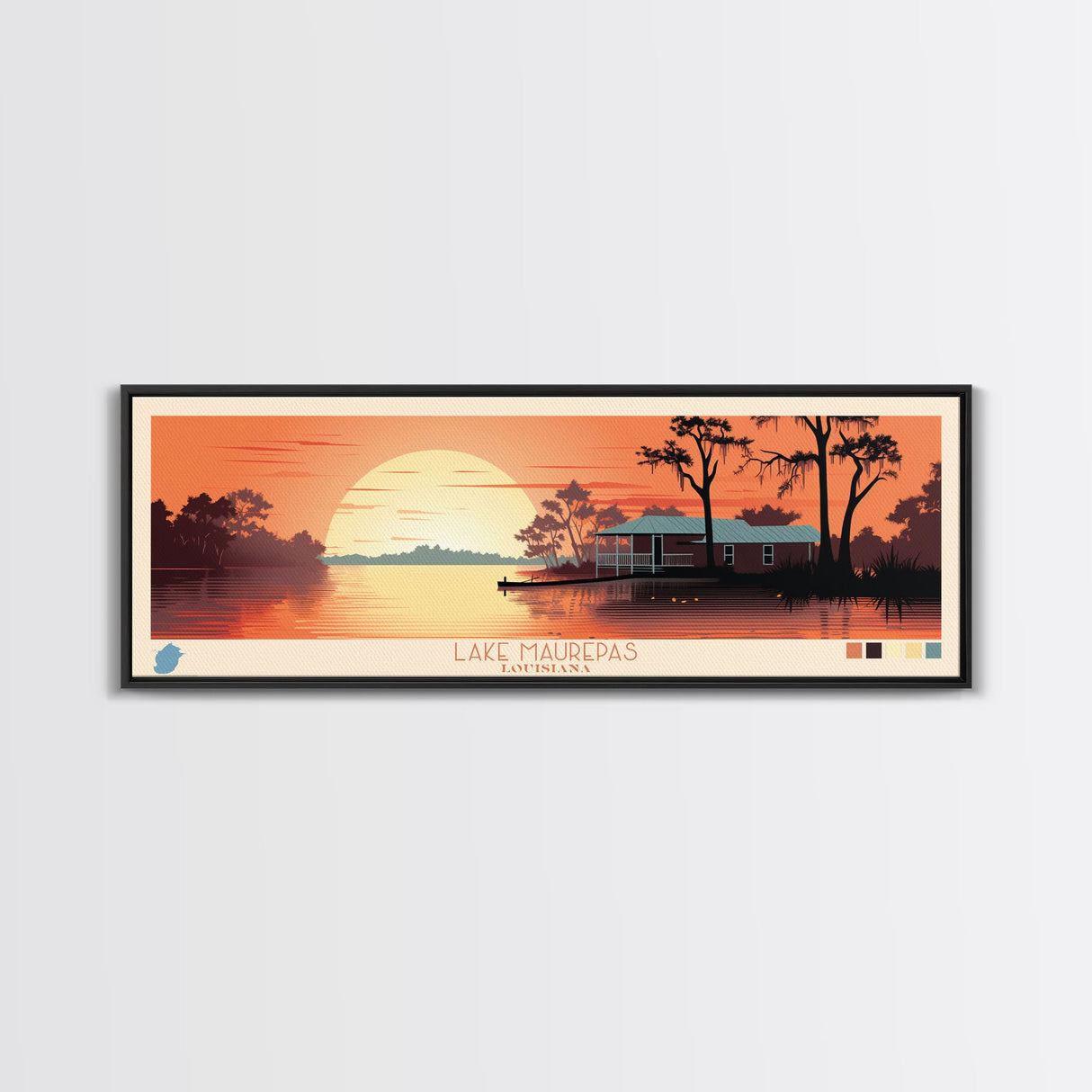 Lake Maurepas Louisiana Framed Canvas Print, Panoramic Wall Art, Midcentury Modern, Pop Art, Bedroom Art, Travel Poster, Lake House Decor