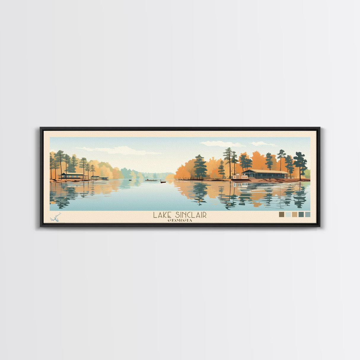 Lake Sinclair Georgia Framed Canvas Print, Panoramic Wall Art, Midcentury Modern, Pop Art, Living Room Decor, Travel Poster, Lake House Art