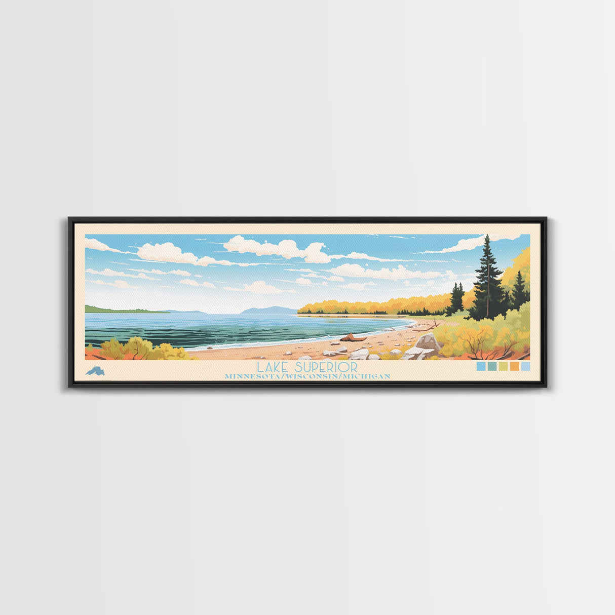 Lake Superior MinnesotaWisconsinMichigan Framed Canvas Print, Panoramic Wall Art, Midcentury Modern, Pop Art, Living Room Decor, Travel Poster, Lake House Art