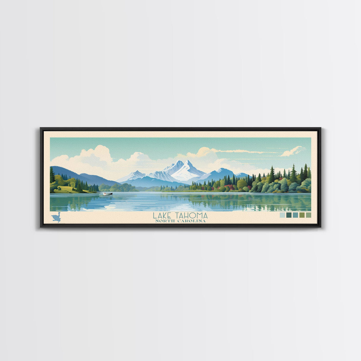 Lake Tahoma North Carolina Framed Canvas Print, Panoramic Wall Art, Midcentury Modern, Pop Art, Living Room Decor, Travel Poster, Lake House Art
