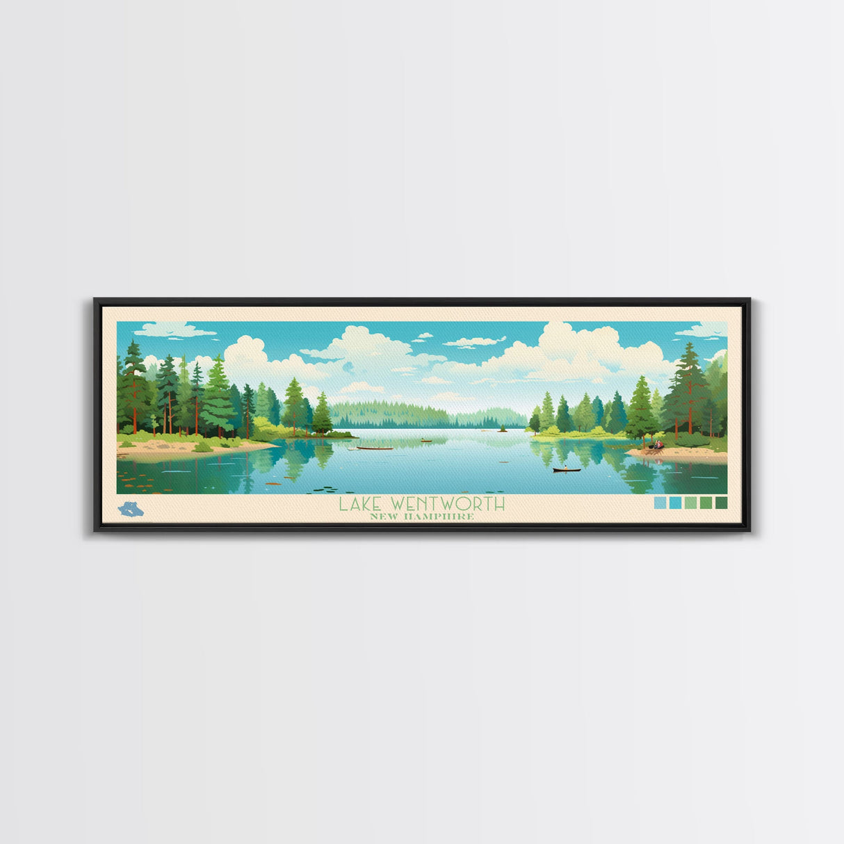 Lake Wentworth, New Hampshire Panoramic Wall Art Framed Canvas Print, Midcentury Modern, Pop Art, Home Decor, Travel Poster, Living Room Art
