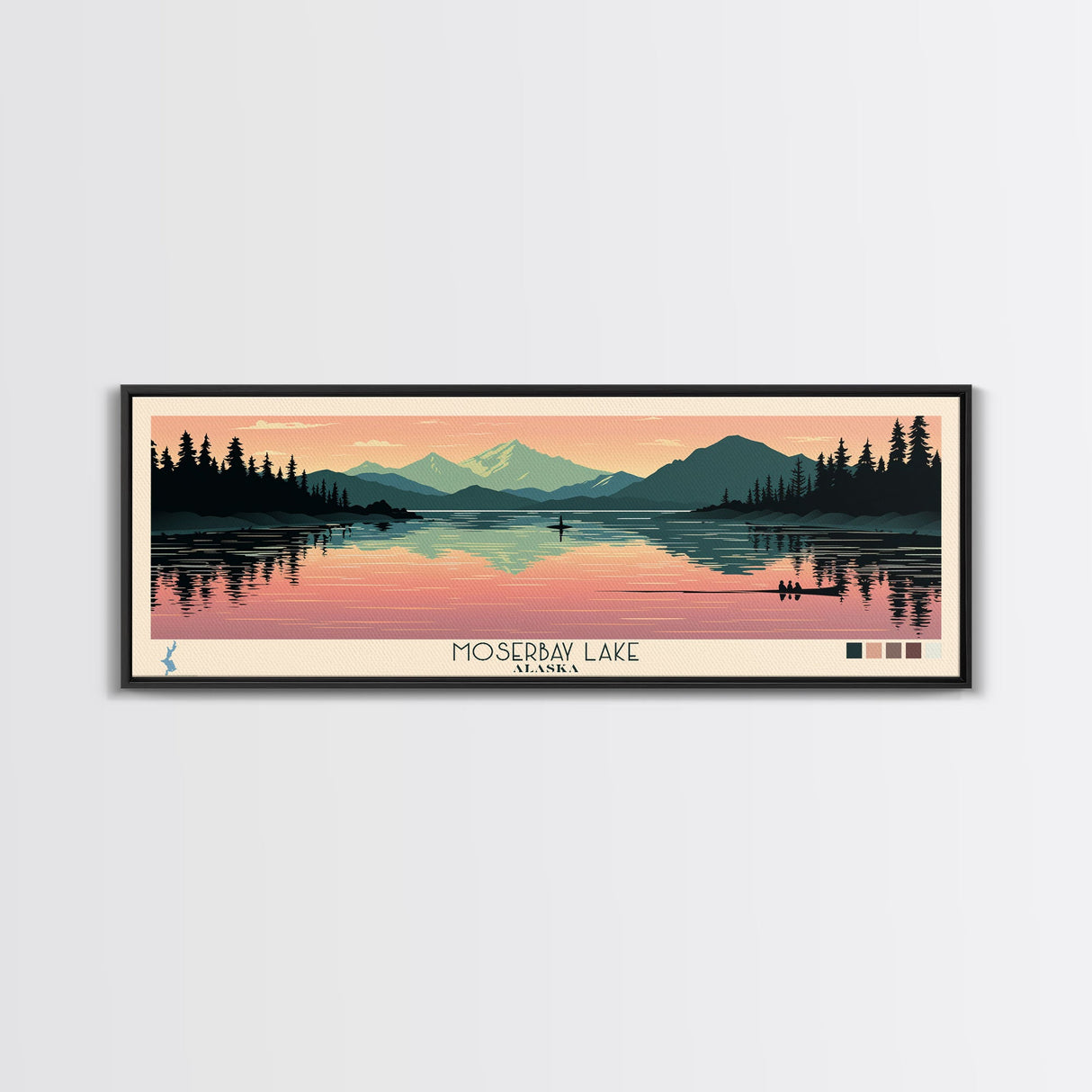 Moser Bay Lake, Alaska Framed Canvas Print, Panoramic Wall Art, Midcentury Modern, Pop Art, Home Decor, Travel Poster, Living Room Art