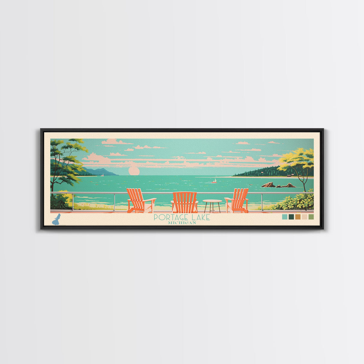 Portage Lake, Michigan Framed Canvas Print, Bedroom Art, Midcentury Modern, Pop Art, Panoramic Wall Art, Travel Poster