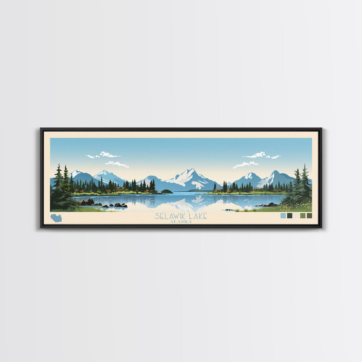Selawik Lake, Alaska Framed Canvas Print, Panoramic Wall Art, Midcentury Modern Decor, Pop Art, Travel Poster, Home Decoration