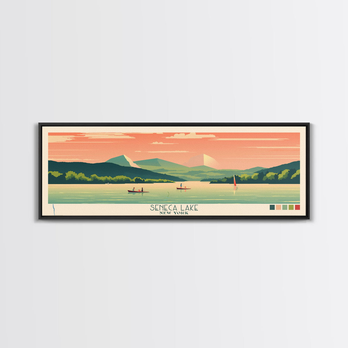 Seneca Lake, New York Framed Canvas Print, Panoramic Wall Art, Midcentury Modern Decor, Pop Art, Bedroom Decoration, Travel Poster