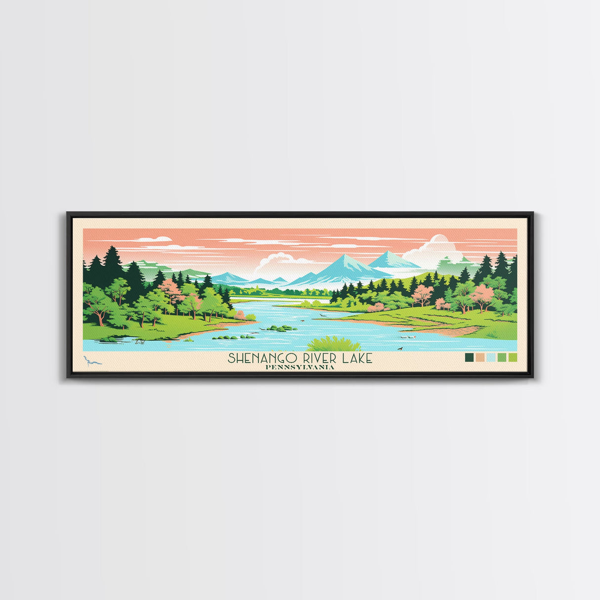 Shenango River Lake, Pennsylvania Framed Canvas Print, Panoramic Travel Poster, Midcentury Modern Art, Wall Art, Pop Art, Home Decoration