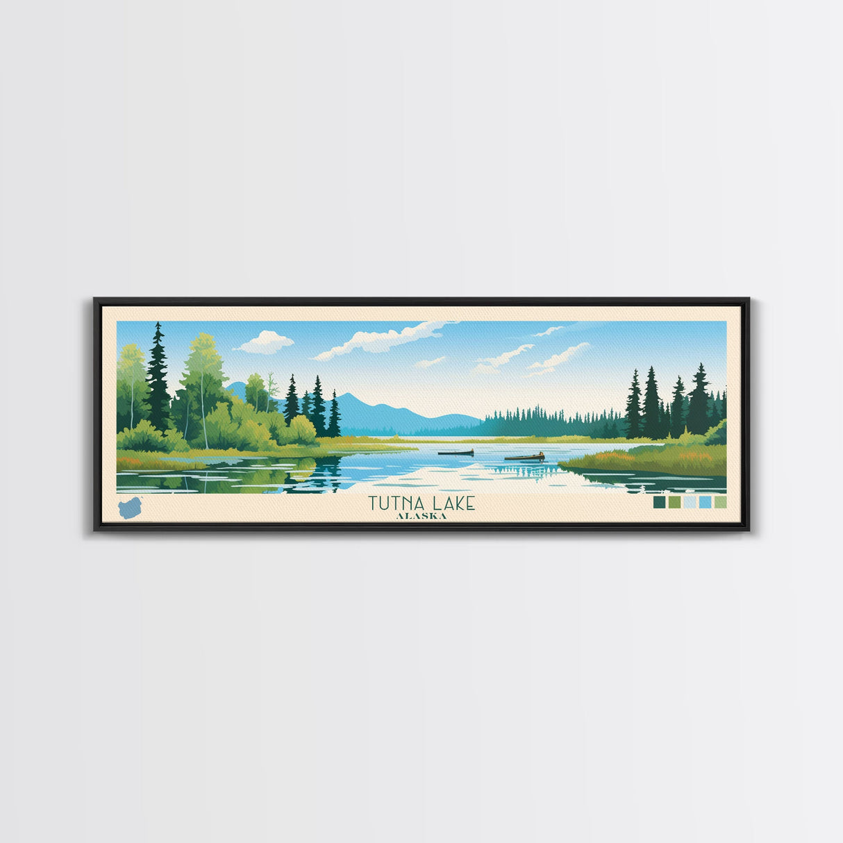 Tutna Lake, Alaska Framed Canvas Print, Lake House Art, Midcentury Modern Decor, Pop Art, Travel Poster, Bedroom Wall Art