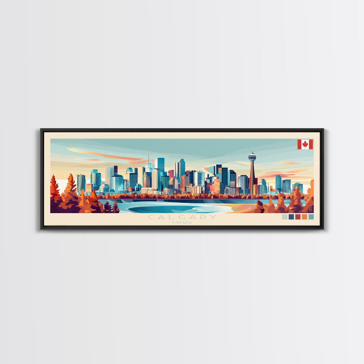 Calgary, Canada Panoramic Travel Poster Canvas Print, Calgary, Canada Painting, Canada Art, Calgary Travel Art, Living Room Painting