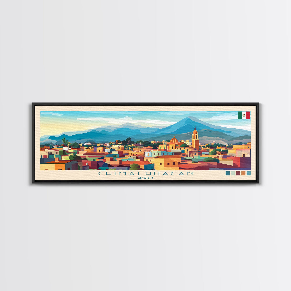 Chimalhuacan, Mexico Panoramic Travel Poster Canvas Print, Chimalhuacan, Mexico Painting, Mexico Art, Chimalhuacan Travel Art, Guest Room Painting