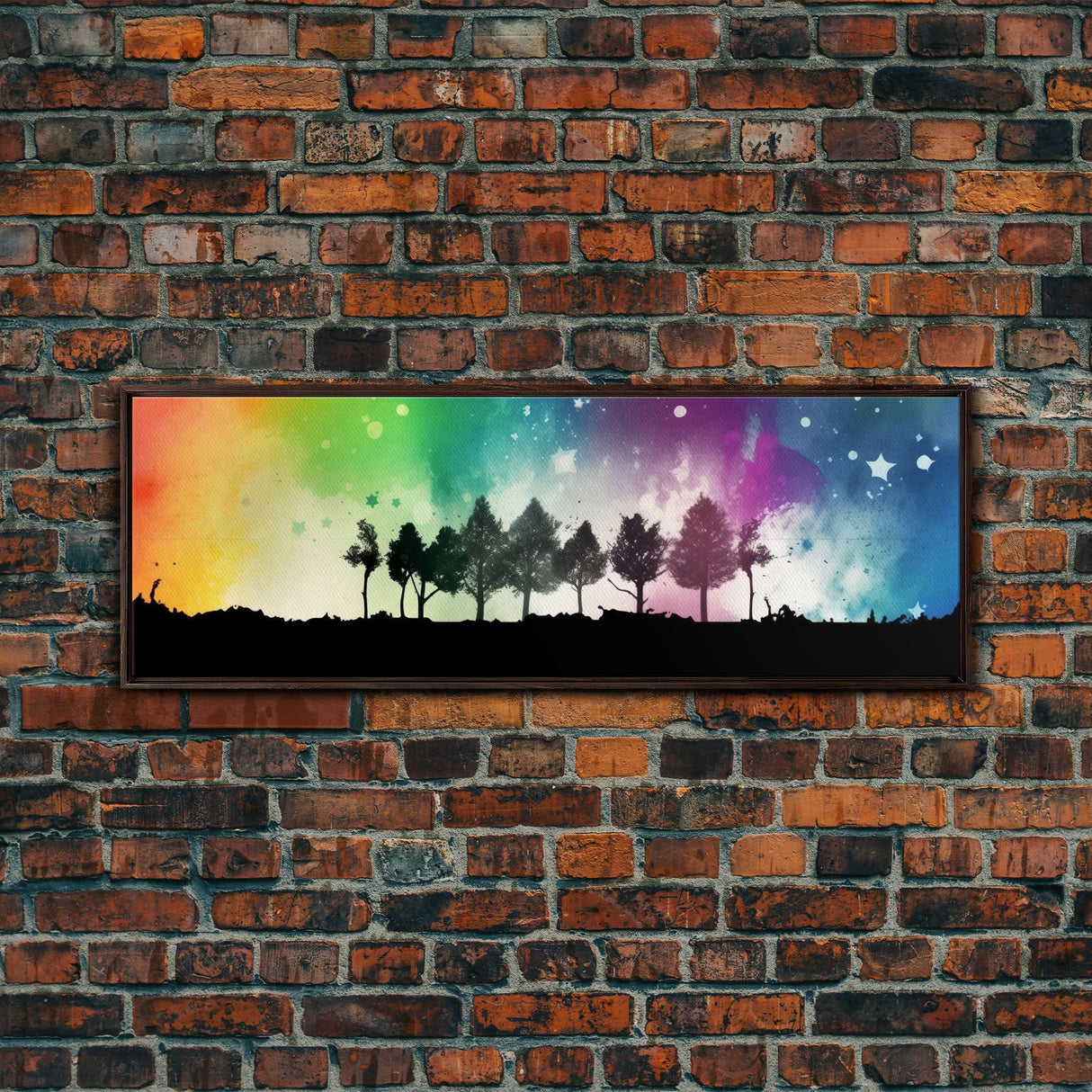 Large Abstract Art Print, Colorful Watercolor Sky, Silhouette Trees, Tie Die Sky, Framed Canvas Print, Panoramic, Wall Art, Canvas Print