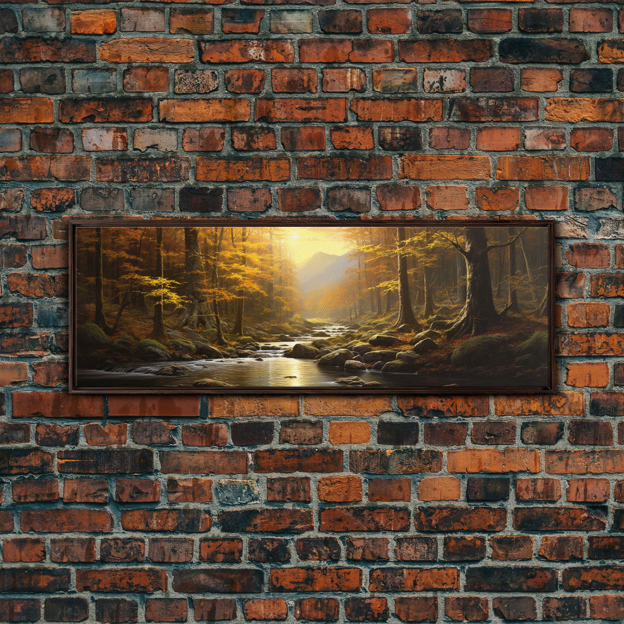 The Forest In The Fall, Fall Centerpiece, Panoramic Painting Framed Canvas Print, Fall Decor, Orange Leaves Falling In The Forest