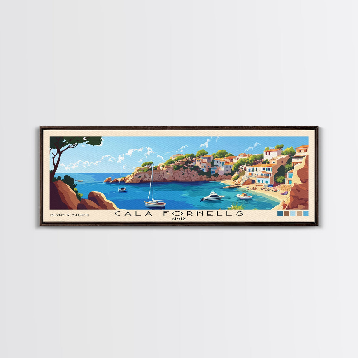 Cala Fornells, Spain Panoramic Beach Print, Vacation Gift, Spain Wall Art, Framed Canvas Print, Framed Beach Painting