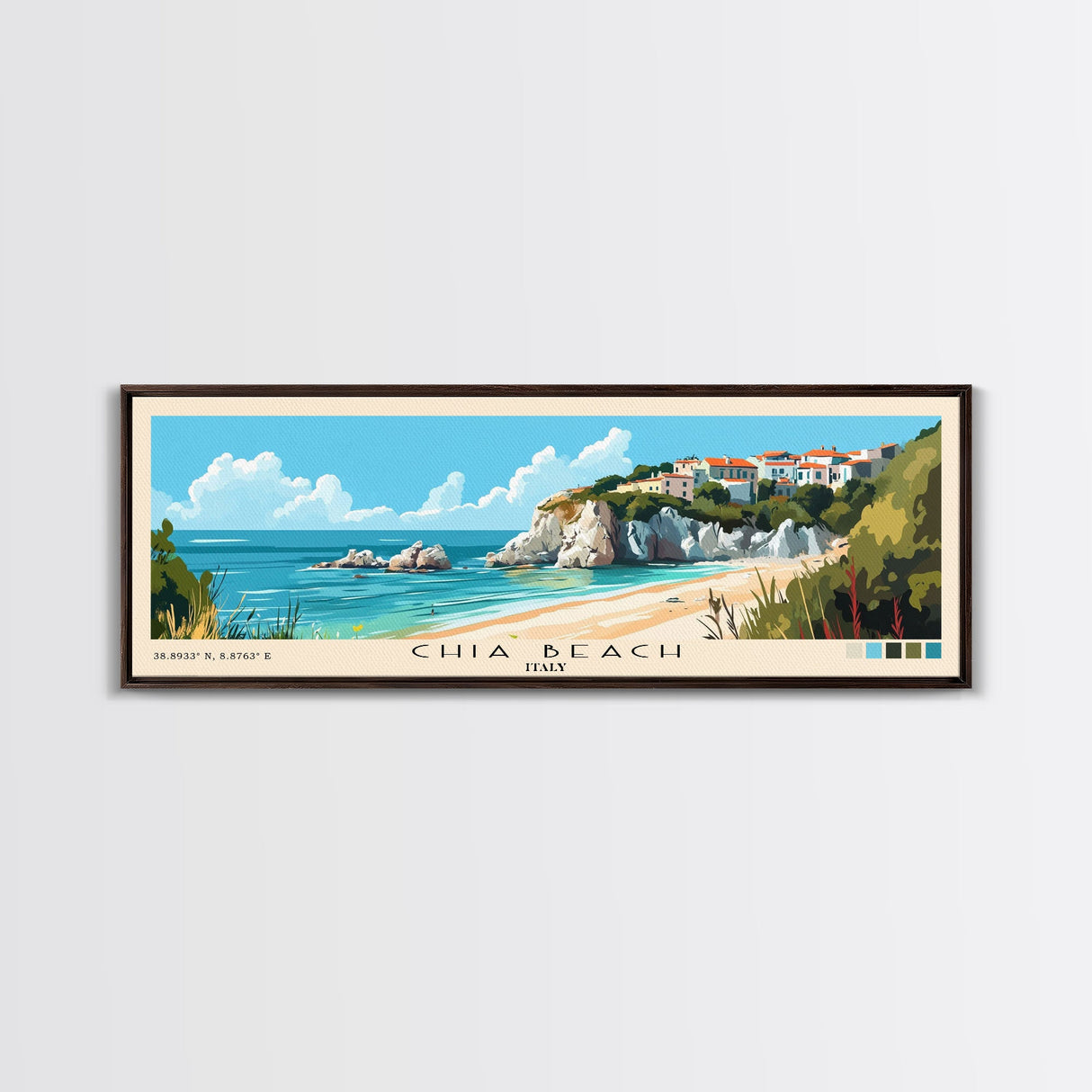 Chia Beach, Italy Panoramic Beach Print, Vacation Gift, Italy Wall Art, Framed Canvas Print, Framed Beach Painting