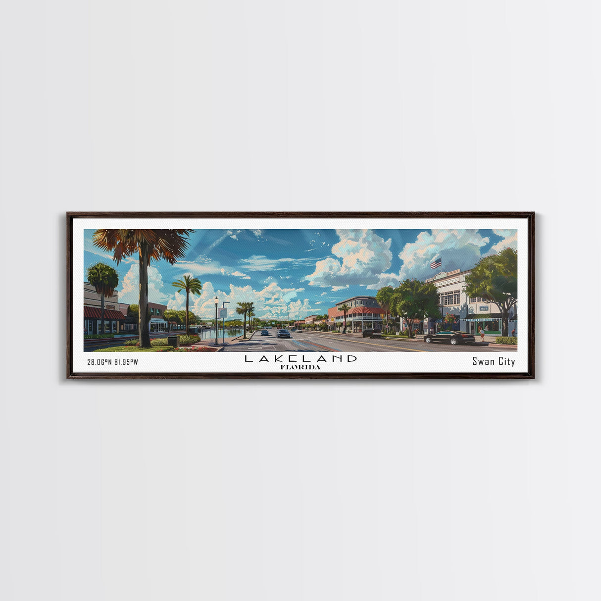 Lakeland Florida Panoramic Cityscape Wall Art, Watercolor Framed Canvas Print, Urban Painting for Living Room, Office Decor, Travel Poster