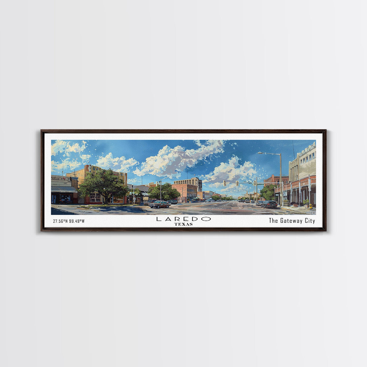 Laredo Texas Panoramic Cityscape Painting, Framed Canvas Print, Urban Decor, Office Wall Art, Watercolor Travel Poster, Home Decoration