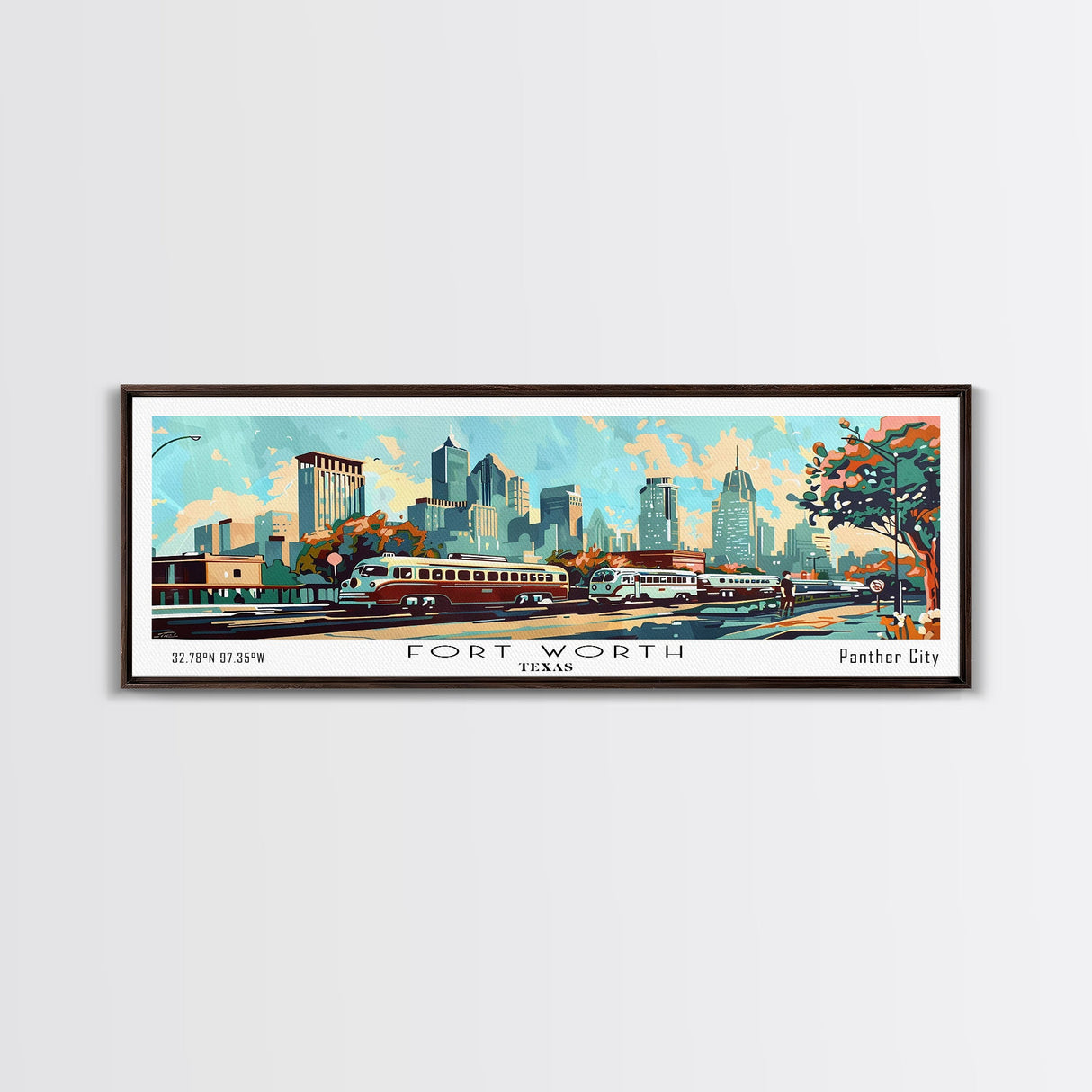 Fort Worth Texas Panoramic Wall Art, Mid Century Modern Framed Canvas Print, Retro Pop Art Travel Poster, Office Art, Living Room Decor