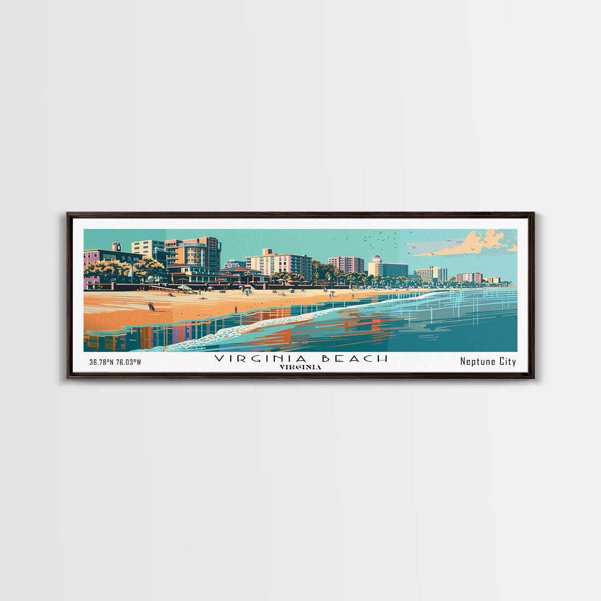 Virginia Beach Virginia Panoramic Wall Art, Mid Century Modern Framed Canvas Print, Retro Pop Art Travel Poster, Beach City Art, Home Office Decor