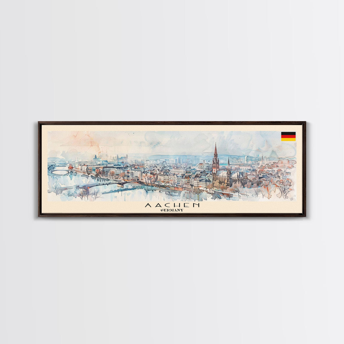 Aachen Germany Panoramic Travel Poster, Framed Canvas Print or Metal Wall Art, Travel Art, Home Decor, Panoramic Painting, Midcentury Art