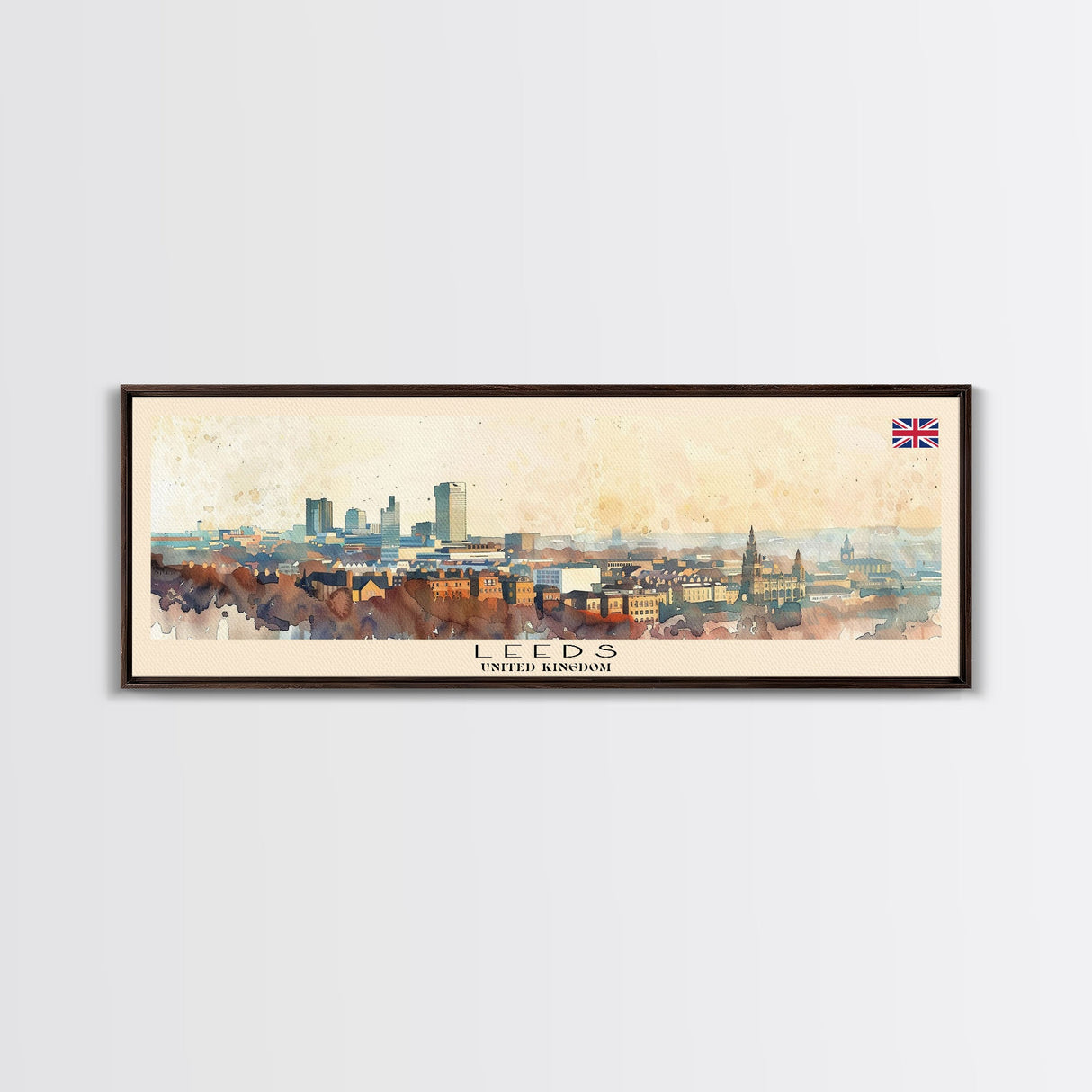 Leeds United Kingdom Panoramic Travel Poster, Framed Canvas Print or Metal Wall Art, Travel Art, Home Decor, Panoramic Painting, Midcentury Art