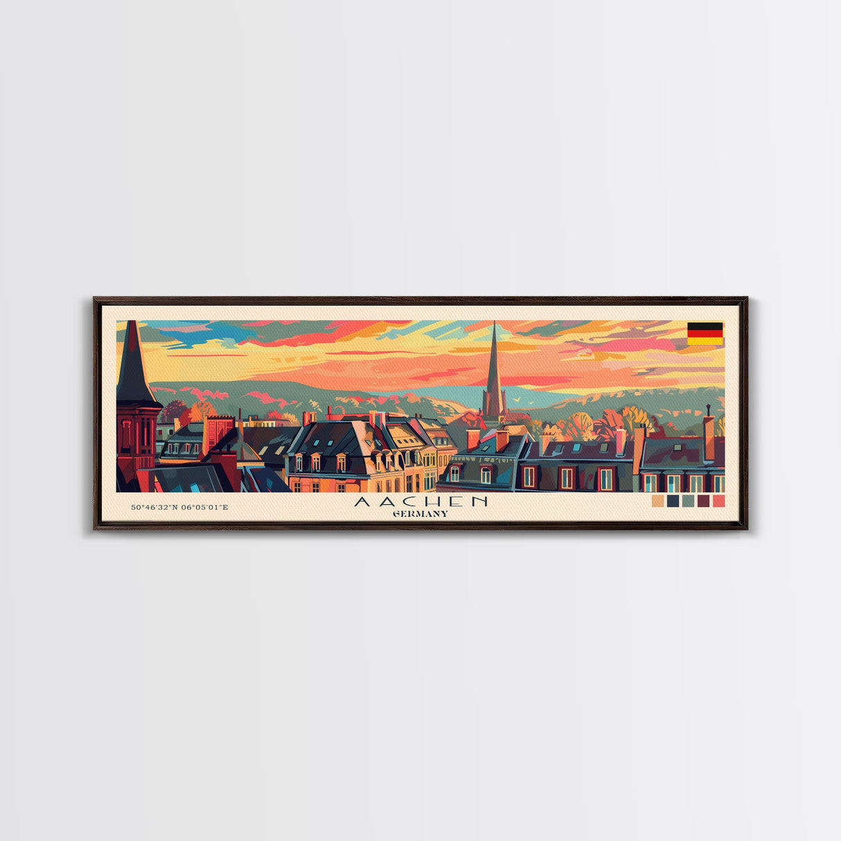 Aachen Germany Panoramic Travel Poster, Framed Canvas Print or Metal Wall Art, Travel Art, Home Decor, Panoramic Painting, Midcentury Art