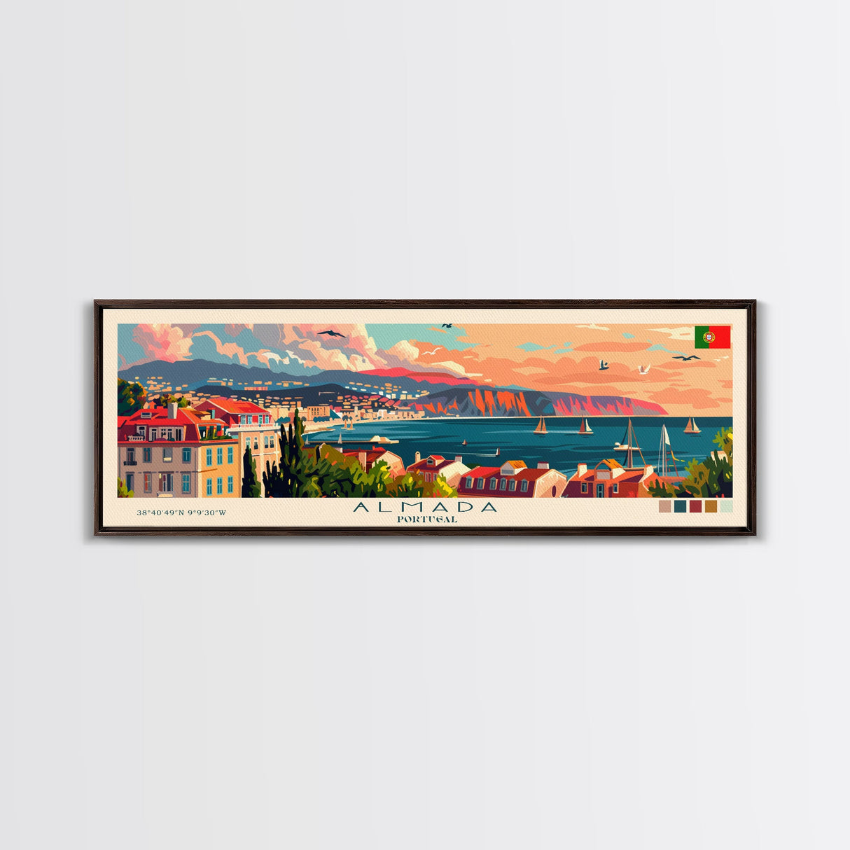 Almada Portugal Travel Art, City Art, Framed Canvas Print or Metal Wall Art, Europe Travel Poster, Panoramic Wall Art, Extra Wide Wall Art