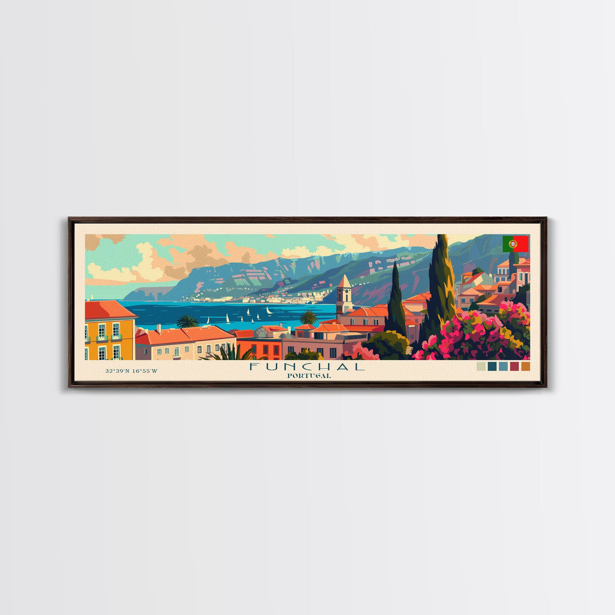 Funchal Portugal Travel Print Wall Art, Panoramic City Art, Travel Art, Wall Decor, Vacation Gift, Framed Canvas Print Or Metal Art