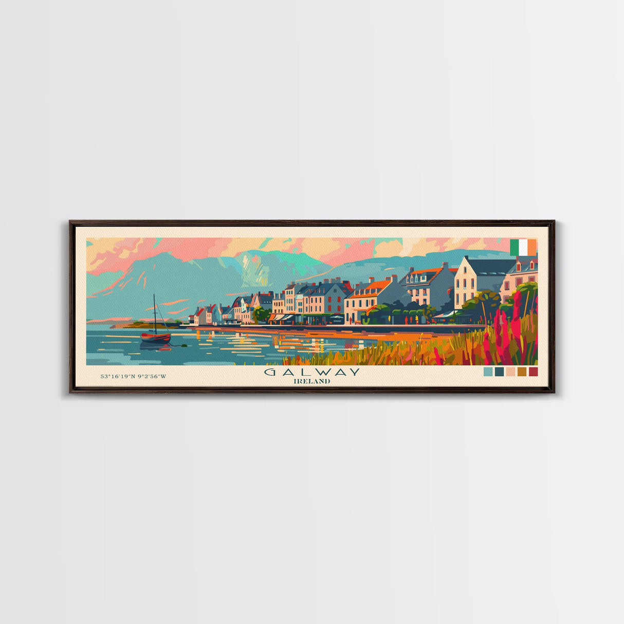 Galway Ireland Panoramic Travel Poster, Framed Canvas Print or Metal Wall Art, Travel Art, Home Decor, Panoramic Painting, Midcentury Art