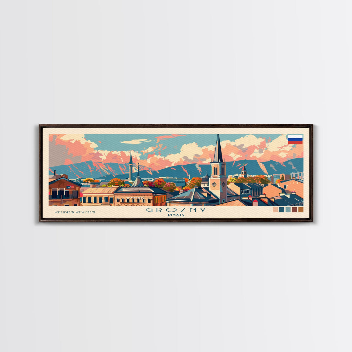 Grozny Russia Panoramic Travel Poster, Framed Canvas Print or Metal Wall Art, Travel Art, Home Decor, Panoramic Painting, Midcentury Art