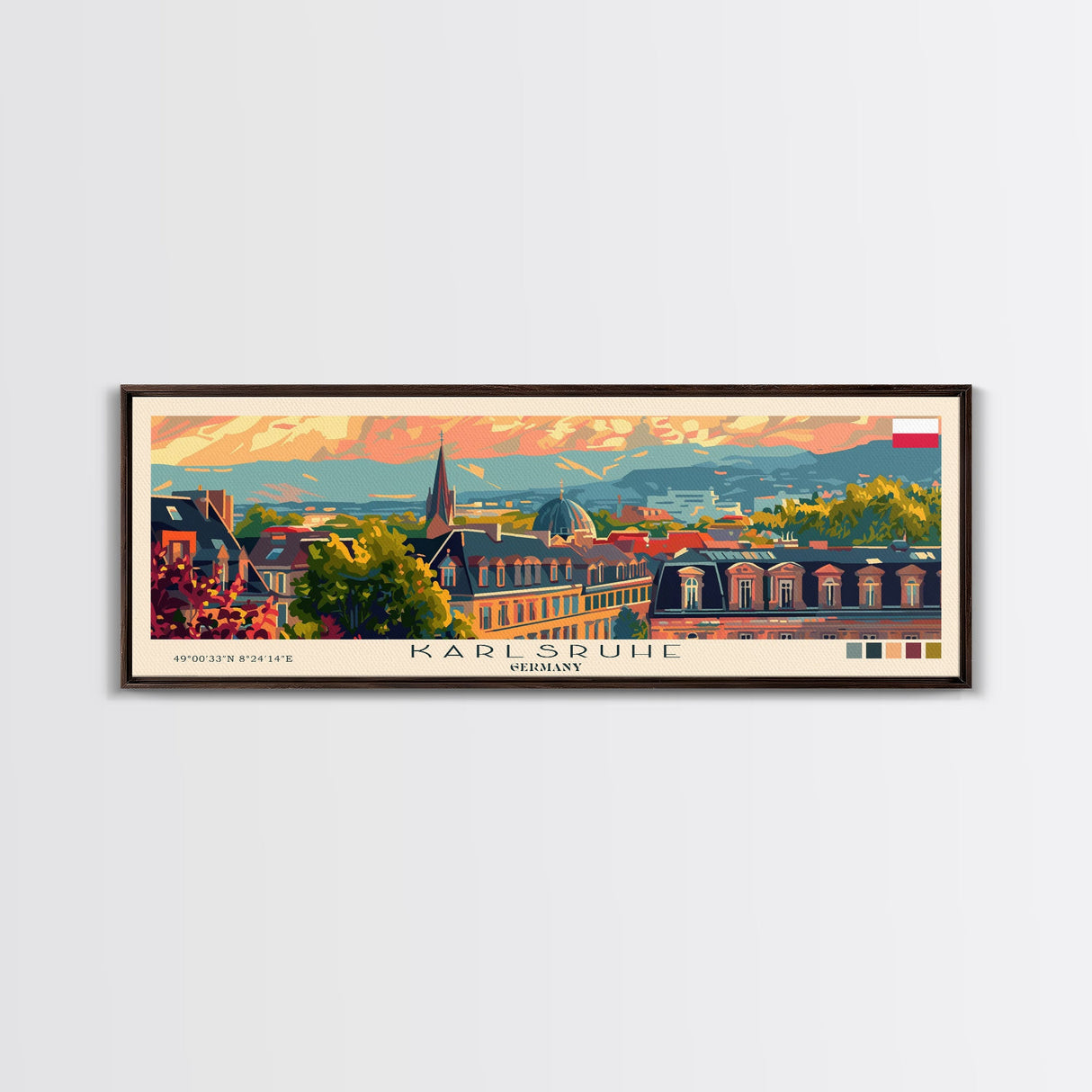 Karlsruhe Germany Panoramic Travel Poster, Framed Canvas Print or Metal Wall Art, Travel Art, Home Decor, Panoramic Painting, Midcentury Art