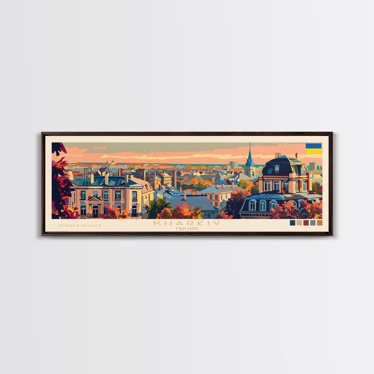 Kharkiv Ukraine Panoramic Travel Poster, Framed Canvas Print or Metal Wall Art, Travel Art, Home Decor, Panoramic Painting, Midcentury Art